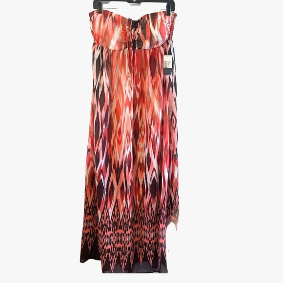 NWT Kenneth Cole Reaction Maxi Dress L Ruched Bandeau Coral Brown sheer - Picture 1 of 7
